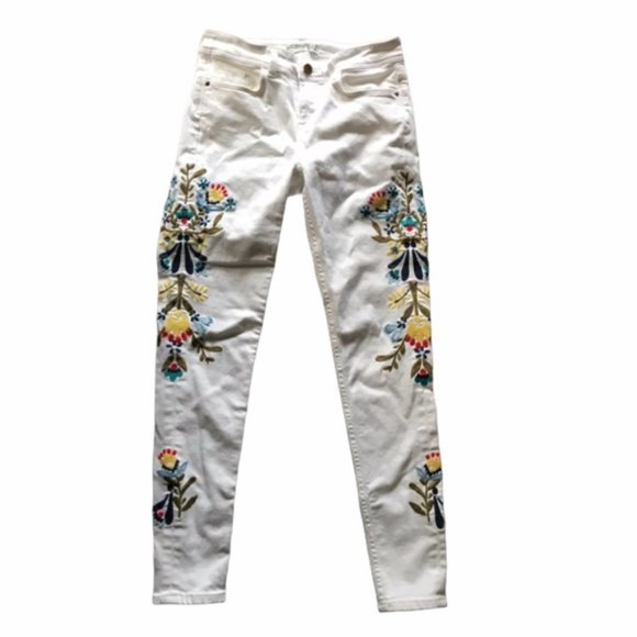 Zara Denim White Embroidered Skinny Jeans